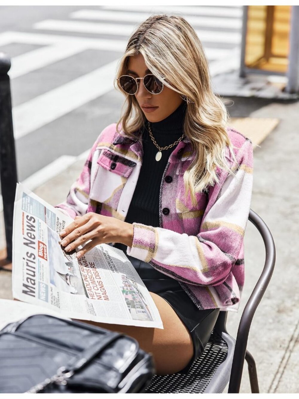 Women's Hot Pink Cropped Fashion Plaid Fall Coat Button Down Fall Winter Jackets - Picture 3 of 5